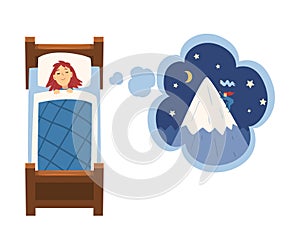 Cute Girl Sleeping in Bed and Dreaming About Mountaineering, Kid Lying in Bed Having Sweet Dreams Vector Illustration