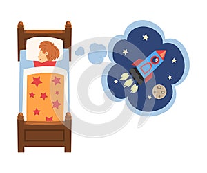 Cute Girl Sleeping in Bed and Dreaming About Rocket Flying in Starry Sky, Kid Lying in Bed Having Sweet Dreams Vector