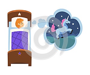 Cute Girl Sleeping in Bed and Dreaming About Unicorn Flying in Starry Sky, Kid Lying in Bed Having Sweet Dreams Vector