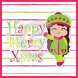 Cute girl smiles on striped background suitable for Christmas card design