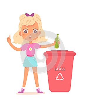 Cute girl sorting glass in trash bin vector illustration. Cartoon child character holding bottle, throwing garbage in