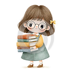 Cute Girl with Stack of Books in Watercolor Style