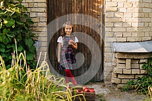 Cute Girl Stand At Wooden Door House Background