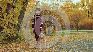 Cute girl standing with dog on leash in autumn park. Teenager girl with cocker spaniel posing to camera on walk in