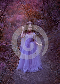 Cute girl is standing in the forest in a purple light long dress with flowers, a little princess like in a dream, walks