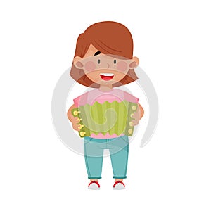 Cute Girl Standing and Playing Harmonica Vector Illustration