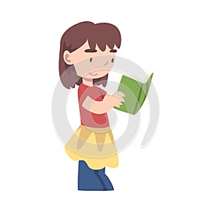 Cute Girl Standing and Reading Book, Adorable Kid Enjoying of Literature, Elementary School Student Character Cartoon