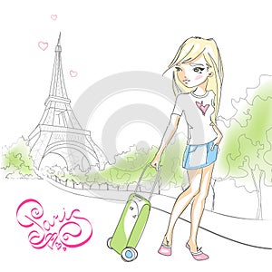 Cute girl with a suitcase on background of the Eiffel tower.