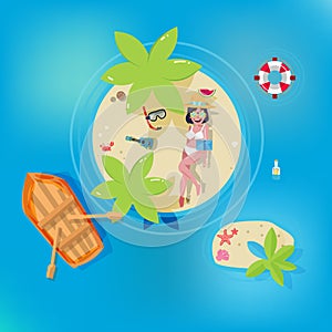 Cute girl sunbathing on far away island, relax concept - illustration