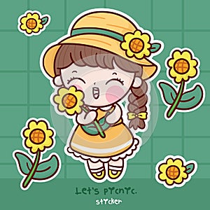 Cute girl sunflower cartoon sticker collection kawaii character