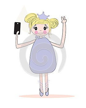 Cute girl taking self portrait with phone. Selfie vector