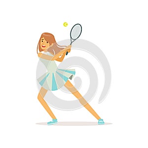 Cute girl with tennis racket and ball. Professional sportswoman playing an active sport game. Woman character in uniform