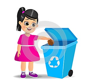 Cute girl throwing trash in recycle bin vector