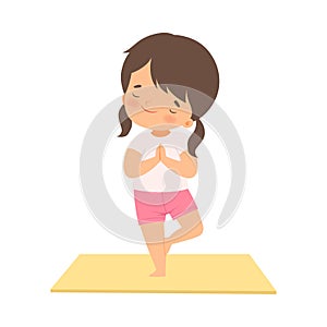 Cute Girl in a Tree Pose, Adorable Kid Practicing Yoga, Active Healthy Lifestyle Vector Illustration