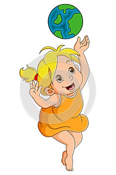 The cute girl is trying to catch the big earth above