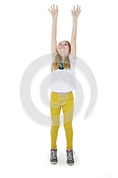 Cute girl trying to catch something, isolated on white background