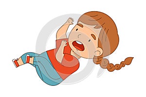 Cute Girl Tumbling Over and Stumbling While Running and Rushing at Full Speed Vector Illustration