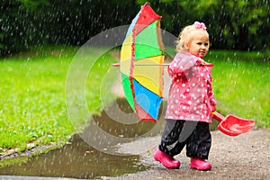 Cute girl with umbrella in raincoat and boots outdoor