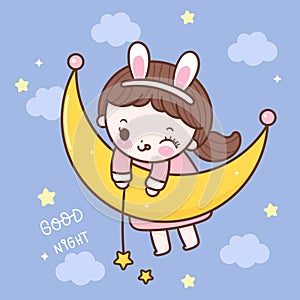 Cute girl vector bunny ears catch star on moon with cloud sweet dream cartoon