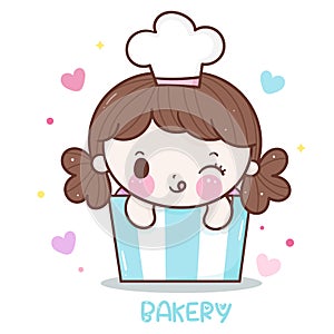 Cute girl vector Chef cartoon in cupcake Kawaii bakery shop logo for kid dessert homemade food