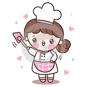 Cute girl vector Chef cartoon kawaii bakery shop logo for kid dessert homemade food