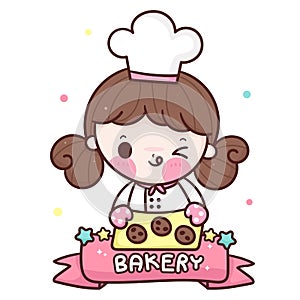 Cute girl vector Chef cartoon serving cookie kawaii bakery shop logo for kid dessert homemade food