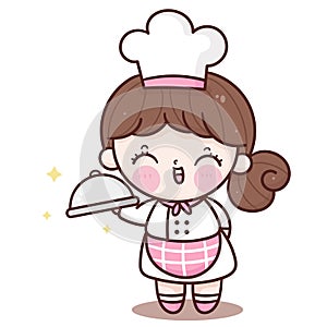 Cute girl vector Chef cartoon serving food kawaii bakery shop logo for kid dessert homemade food