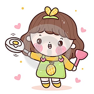 Cute girl vector Chef cartoon with spoon wear pineapple dress kawaii food shop logo for kid dessert homemade