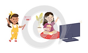 Cute Girl Watching Movie on Television with Popcorn and Taking Selfie with Smartphone Camera Vector Set