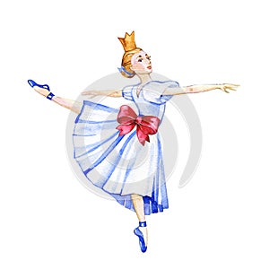 Cute girl watercolor ballerina princess. Beautiful ballet dancer in golden crown