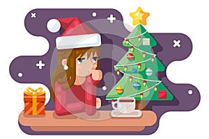 Cute girl wating for new year chrismas tree santa claus hat gift box flat design vector illustration