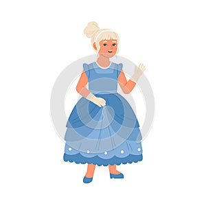 Cute girl wearing cinderella carnival costume vector flat illustration. Happy female child in princess apparel waving