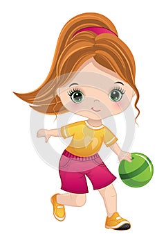 Vector Cute Little Girl Playing Bowling