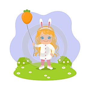 Cute girl wearing rabbit head band and holding carrot shape balloon. Easter clip art