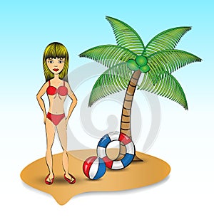 Cute girl wearing red bikini on the beach vector illustration, cartoon women, icon design, drawing lady, tropical summer, coconut
