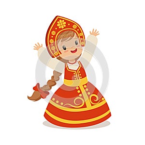 Cute girl wearing red sarafan and kokoshnik, national costume of Russia colorful character vector Illustration