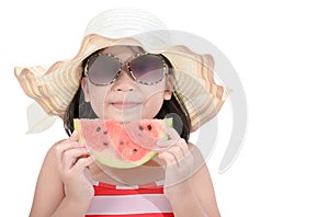 Cute girl wearing swimsuit eat watermelon isolated