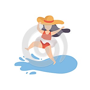 Cute Girl Wearing Swimsuit and Hat Having Fun on Beach on Summer Holidays Vector Illustration