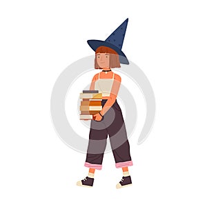 Cute girl wearing witch hat hold pile of magic books or studentbooks. Portrait of young wizard or walking fairy