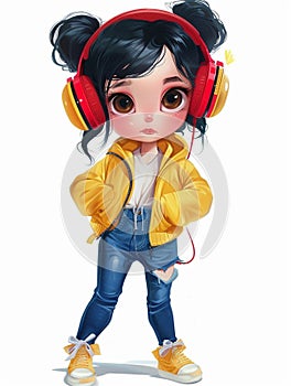 Cute girl wearing yellow jacket, blue jeans listens to music with red headphones