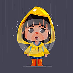 Cute girl wearing yellow raincoats and boots under the rain. character design photo