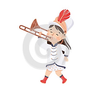 Cute girl in white traditional costume playing trumpet musical instrument in marching band parade cartoon vector