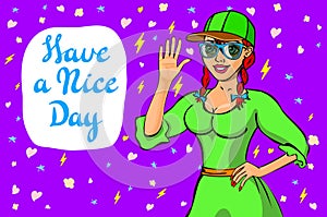 Cute girl wish you a nice day. Vector illustration.