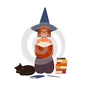 Cute girl in witch hat read magic book. Portrait of young female wizard or sorcerer. Little mage studying wizardry