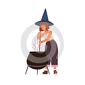Cute girl in witch hat stirring potion in pot. Female wizard preparing magical potion. Young happy magician with red
