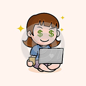 Cute girl won money concept. Woman drinks tea at a laptop and sits in a lotus position. Freelancer comfortable work sticker