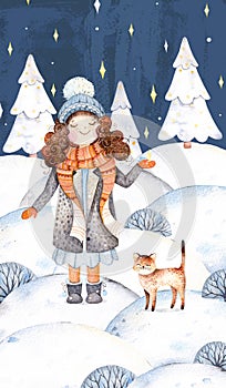 A cute girl in a wool coat,scarf,hat and her little friend-cute kitten.