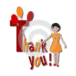 Cute girl with the words Thank You and balloons sticker, poster,banner, postcard