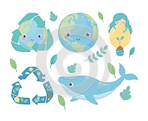 Cute girl world whale bulb recycle foliage environment ecology