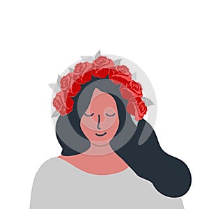 Cute girl in a wreath of red roses. Portrait